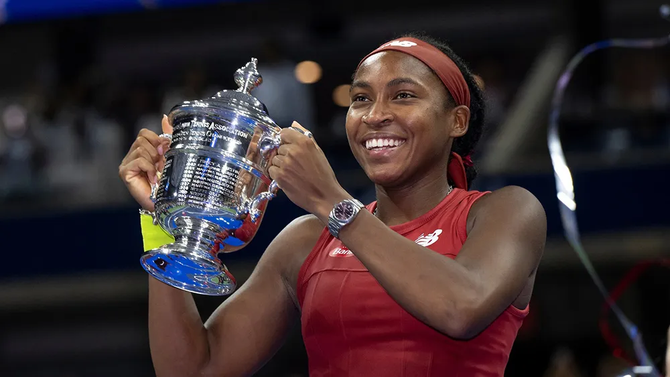 US Open champion Coco Gauff celebrates her victory after winning the women’s singles tournament in 2023.