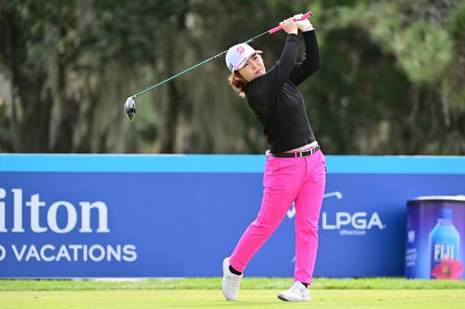 Ayaka Furue of Japan plays her shot from the ninth tee during the first round of the Hilton Grand Vacations Tournament of Champions