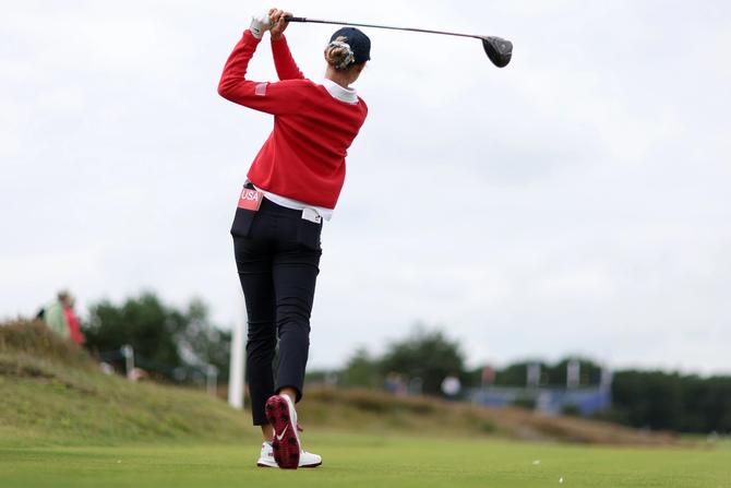 Nelly Korda tees off during a practice round.