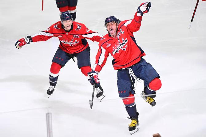 Washington Capitals captain Alex Ovechkin celebrates after scoring his first overtime postseason goal.