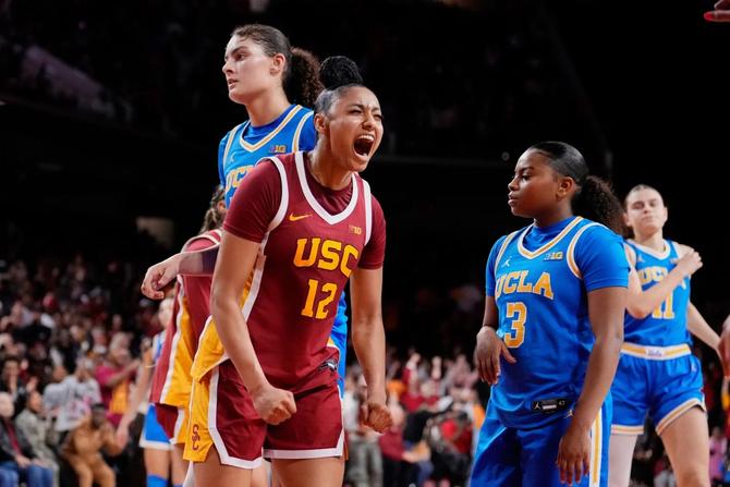 JuJu Watkins of USC women’s basketball celebrates after scoring during the Trojans’ February 13th win over UCLA.