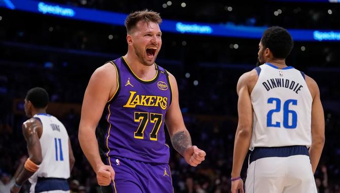 LA Laker Luka Dončić reacts positively during the first meeting against his former team in February.