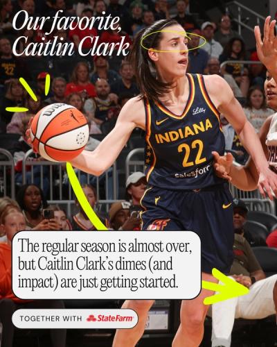 Caitlin Clark assists on the court. State Farm dishes dimes off the court.