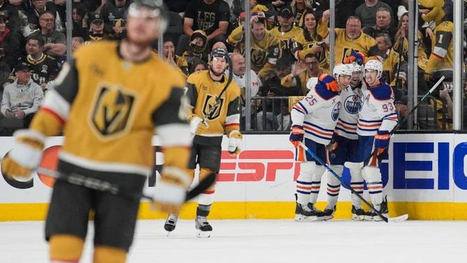 Edmonton Oilers defenceman Darnell Nurse (25) celebrates after scoring against the Vegas Golden Knights during the second period of Game 2 of a second-round NHL hockey playoff series Thursday, May 8, 2025, in Las Vegas.
