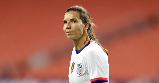 Tobin Heath reacts after scoring a goal during the second half of the international friendly between the United States and Paraguay on Sept. 16, 2021, at FirstEnergy Stadium in Cleveland.