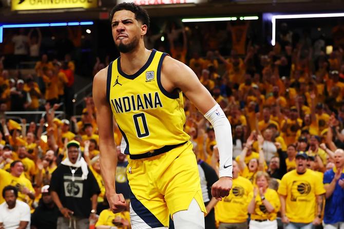 Tyrese Haliburton celebrates in Game 6 of the Eastern Conference Finals.