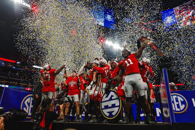 The Georgia football team celebrates its SEC Championship and automatic bid into the College Football Playoff.
