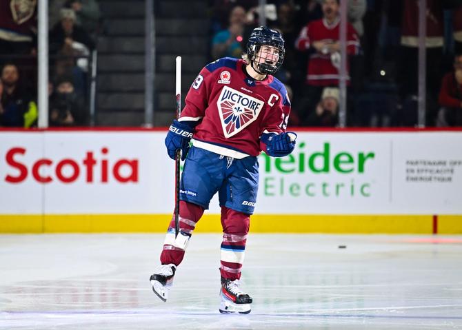 Marie-Philip Poulin #29 of the Montreal Victoire celebrates after scoring during the shootout at Place Bell on November 30, 2024 in Laval, Quebec, Canada. The Montreal Victoire defeated the Ottawa Charge 4-3 in a shootout.