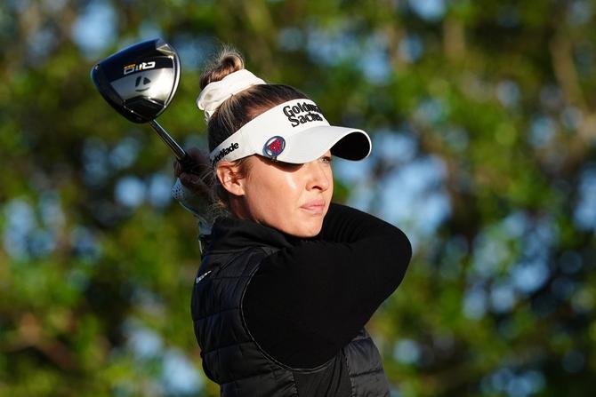 LPGA player Nelly Korda plays her tee shot.