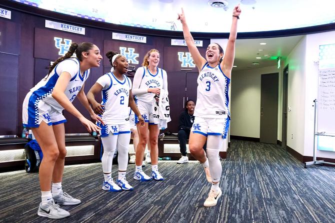 The Kentucky women’s basketball team celebrates a win over Louisville earlier this season