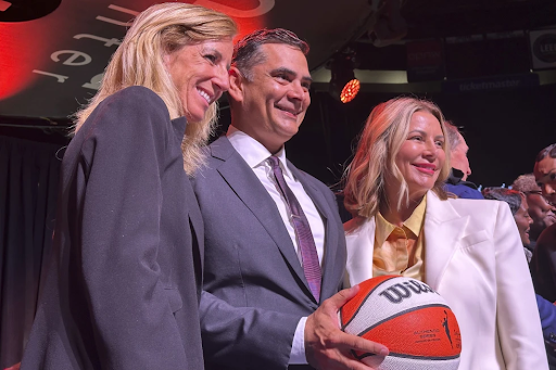 From left, WNBA Commissioner Cathy Engelbert, Alex Bhathal and Lisa Bhathal Merage appear at an event to award Portland a WNBA franchise at the Moda Center on Sept. 18, 2024, at the Moda Center in Portland.