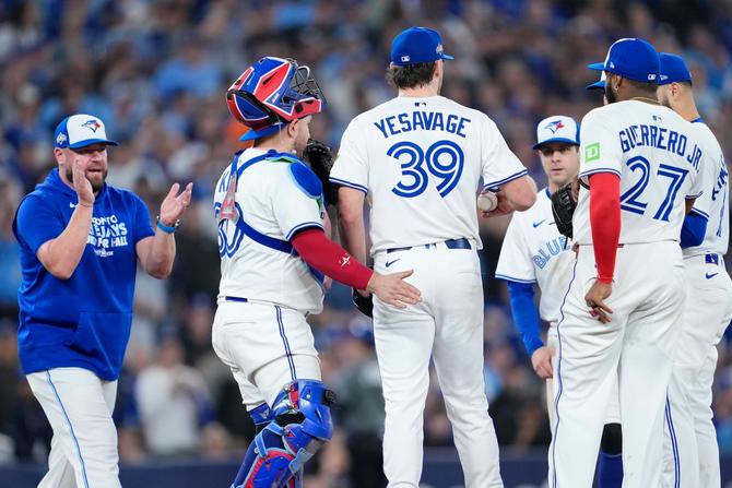 The Toronto Blue Jays congratulating pitcher Trey Yesavage on his pitching performance
