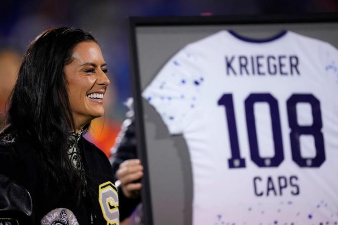 Former United States player Ali Krieger is recognized before the match between the United States and China PR at Toyota Stadium on December 5th, 2023 in Frisco, Texas.