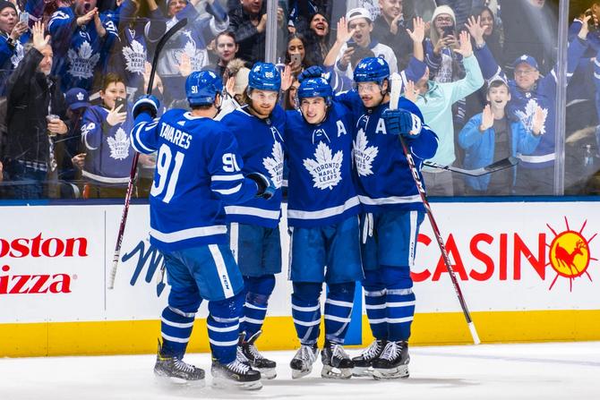 The Toronto Maple Leafs Core Four John Tavares, William Nylander, Mitch Marner, and Auston Matthews celebrating