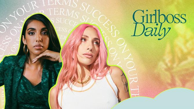 Two women posing in front of a bright background