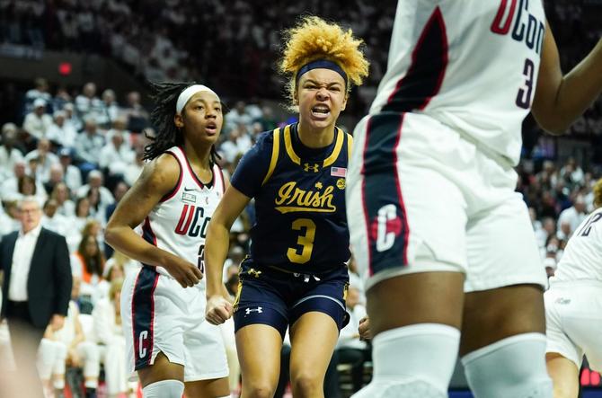 No. 15 Notre Dame women’s basketball guard Hannah Hidalgo is hyped up in Saturday’s win against No. 8 UConn.