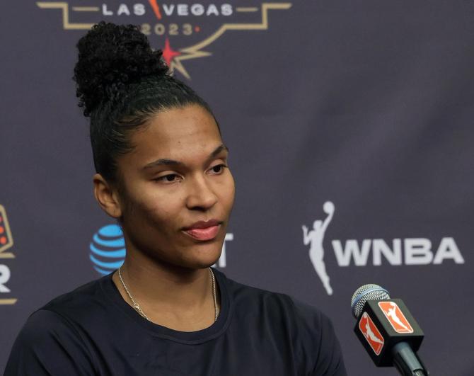 The Connecticut Sun’s Alyssa Thomas listens during media availability. 