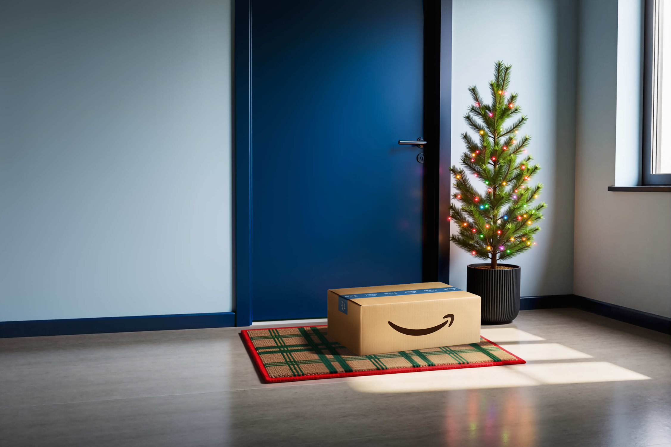 An image of a package and a Christmas tree outside a door.