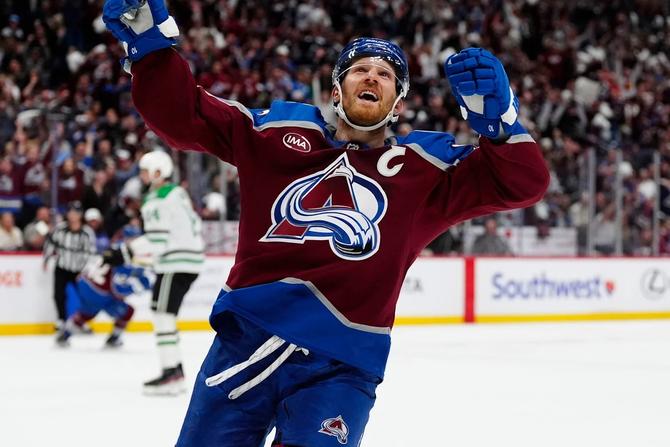 Colorado Avalanche captain Gabriel Landeskog celebrates after scoring first goal since 2022.