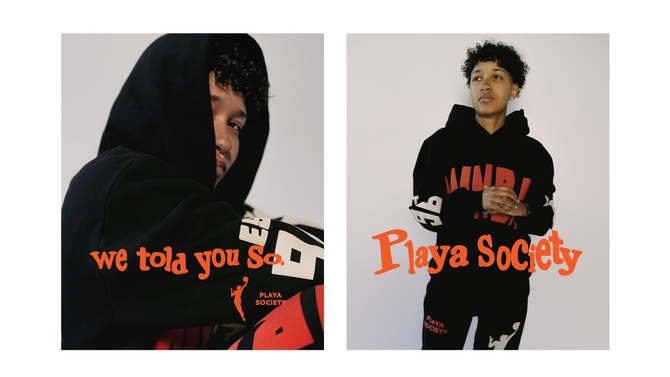 A woman posing in Playa Society merch