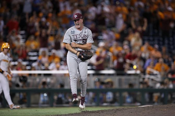 No. 3 Texas A&M pitcher Evan Aschenbeck joyfully flexes after striking out a batter on Saturday.