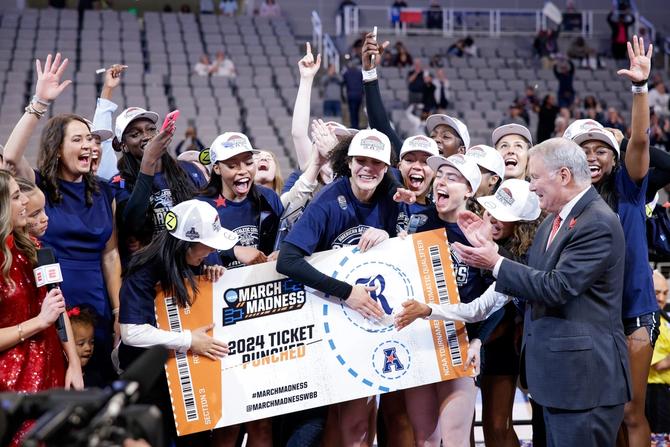 Malia Fisher #1 of the Rice Owls punches the Rice Owls ticket for March Madness during the AAC Woman's Basketball Championship between Rice Owls and East Carolina Lady Pirates at Dickies Arena on March 13, 2024 in Fort Worth, Texas.