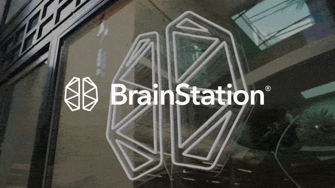 A GIF showing a man writing on a white board, a seminar, and the outside of the building their in with the BrainStation logo