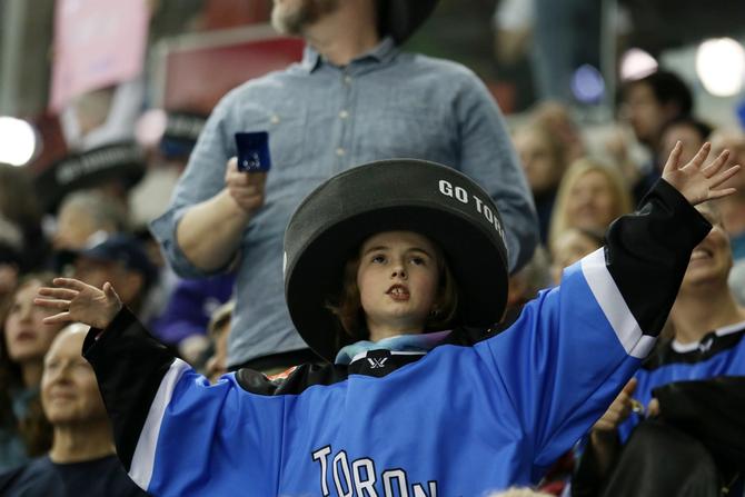 A fan of the Toronto team cheers to celebrate a win against Montreal during a PWHL game against Montreal at Mattamy Athletic Centre on March 08, 2024, in Toronto, Ontario, Canada.