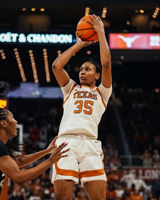 No. 4 Texas forward Madison Booker rises up for a jumper during her team’s 66–62 win over No. 2 South Carolina.