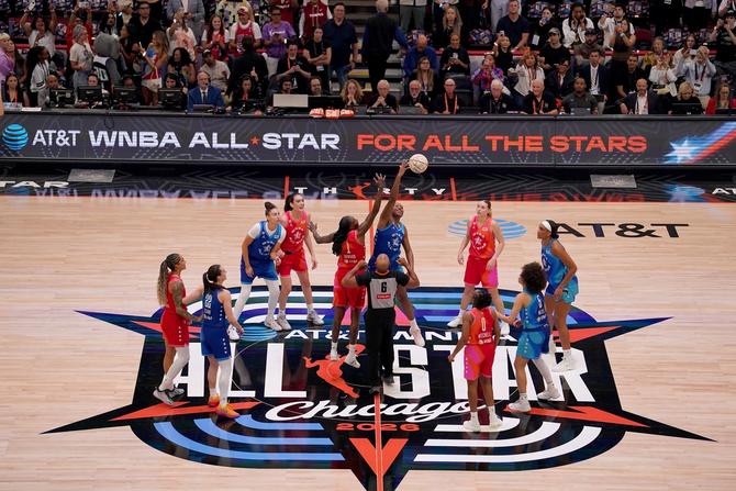 Players from Team Coop and Team Spoon are pictured at the start of the 2026 AT&T WNBA All-Star Game.
