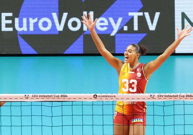 Ashley Logan Eggleston (33) of Galatasaray Daikin celebrates after scoring a point during the CEV Challenge Cup first match of the round of 32 between Galatasaray Daikin and Kairos Ponta Delgada at Burhan Felek Vestel Volleyball Hall in Istanbul, Turkey on October 10, 2023.