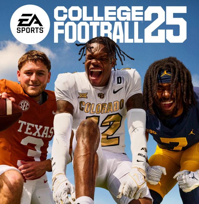 The cover of EA Sports College Football 25, featuring Texas quarterback Quinn Ewers, Colorado wide receiver Travis Hunter, and Michigan running back Donovan Edwards.