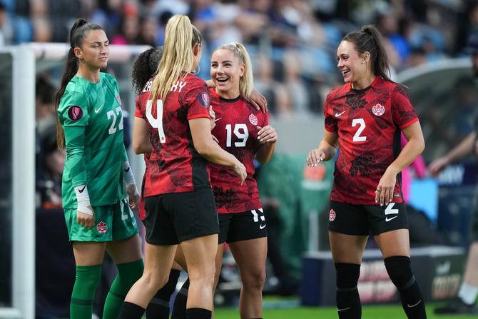 Adriana Leon #19 of Canada reacts with teammates after the completion of a Group C - 2024 Concacaf W Gold Cup game against Paraguay