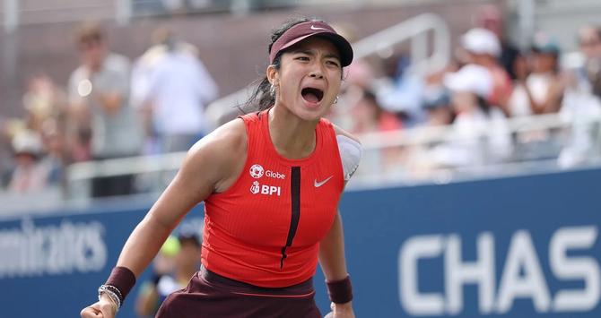 Alexandra Eala celebrates after a point at the US Open.