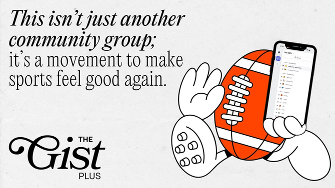 An image of a football holding up a phone highlighting the benefits of a community