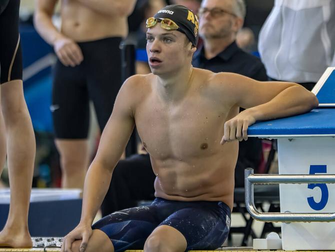 No. 1 Arizona State men’s swimming & diving star Léon Marchand rests after a race.