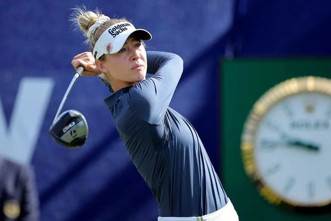 Nelly Korda hits a tee shot.
