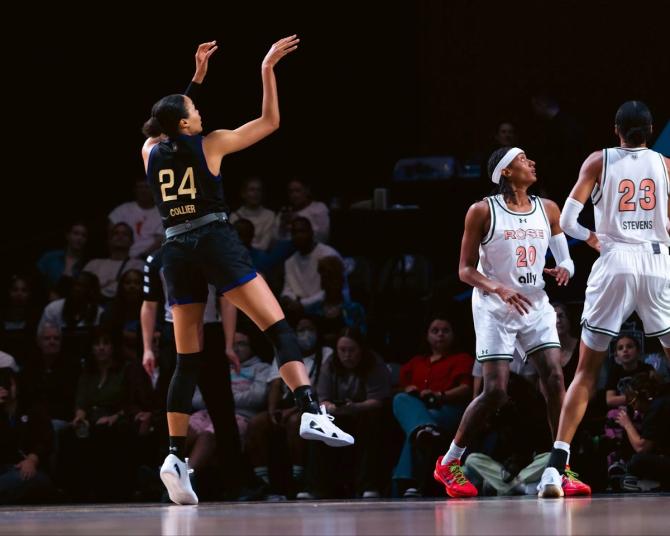 Lunar Owl Napheesa Collier shoots the ball while Brittney Sykes and Azura Stevens of Rose BC look on.
