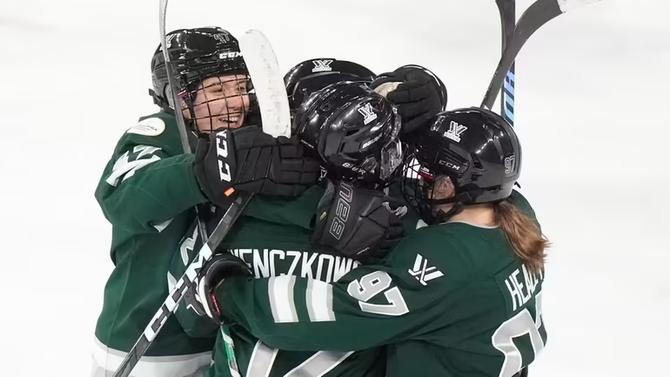 PWHL Boston celebrates after scoring a goal