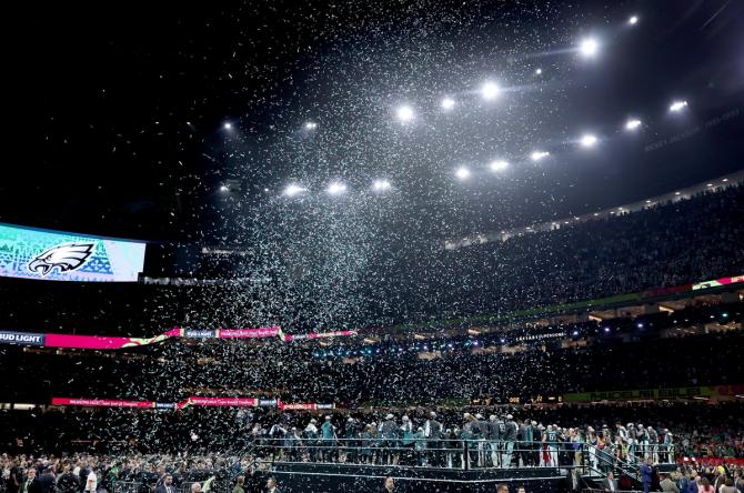 A general view of confetti during the trophy ceremony after the Philadelphia Eagles beat the Kansas City Chiefs 40-22 to win Super Bowl LIX