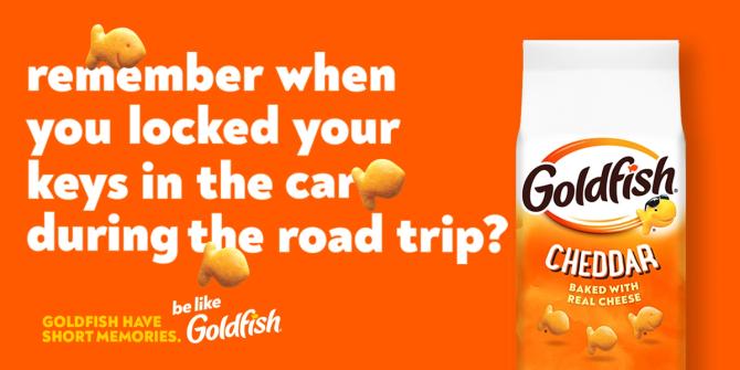 A graphic of Goldfish crackers with text that says 'remember when you locked your keys in the car during the road trip?'