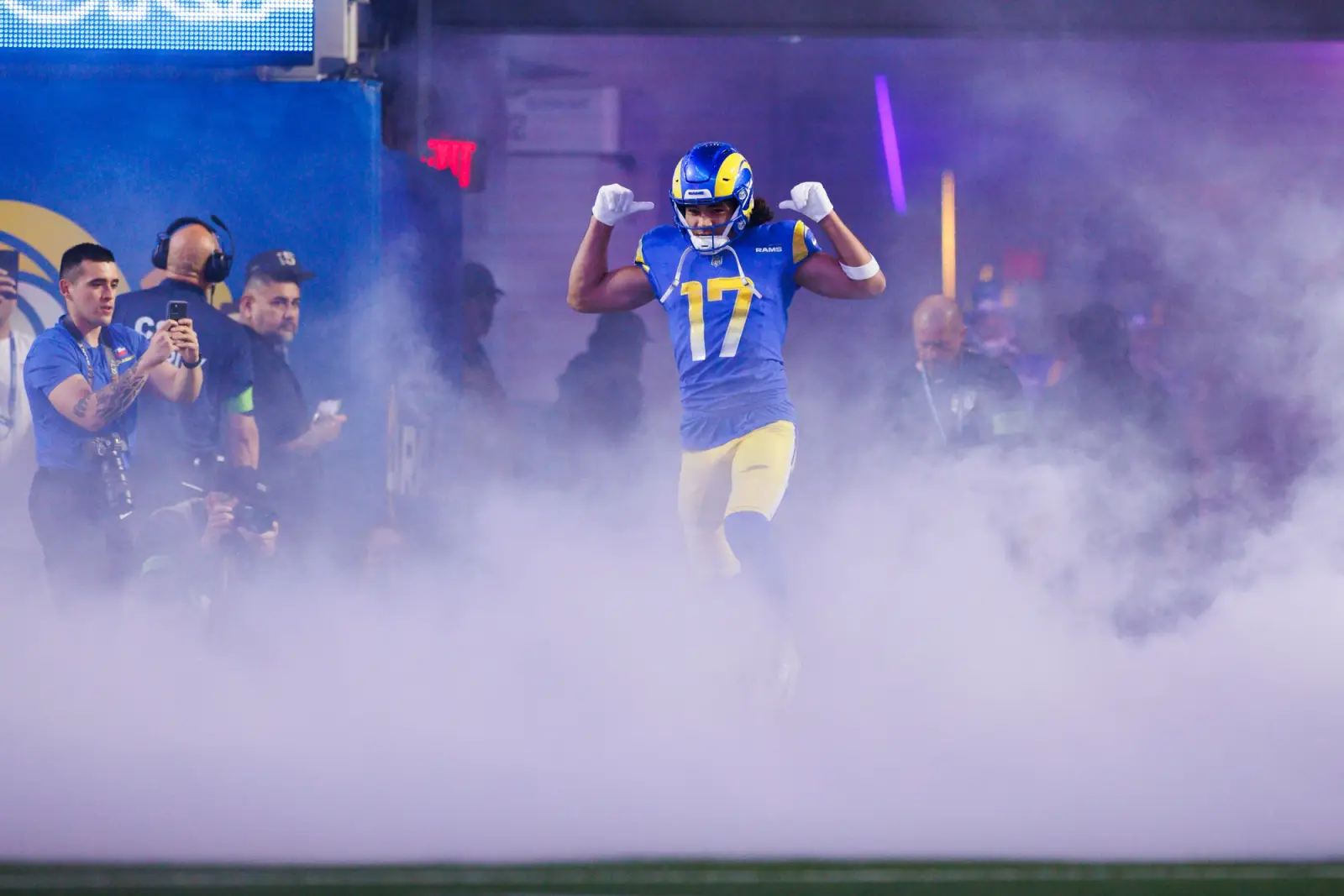 LA Rams wide receiver Puka Nacua runs onto the field during player introductions