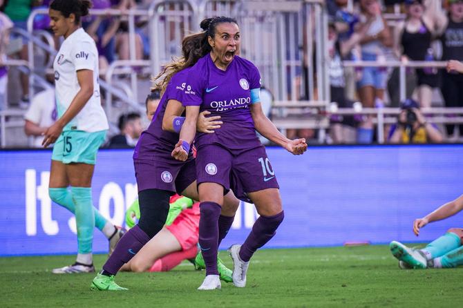 Orlando Pride striker Marta celebrates after scoring a goal in the NWSL semifinals.
