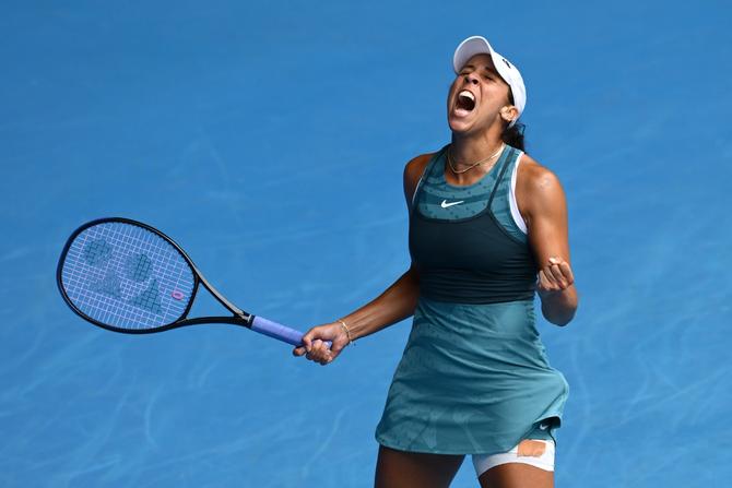 Madison Keys of the United States celebrates winning the match point against Elina Svitolina of Ukraine.
