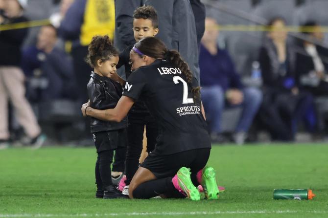 Sydney Leroux #2 of Angel City FC reacts with her children following a game against the Chicago Red Stars at BMO Stadium on June 05, 2023 in Los Angeles, California.