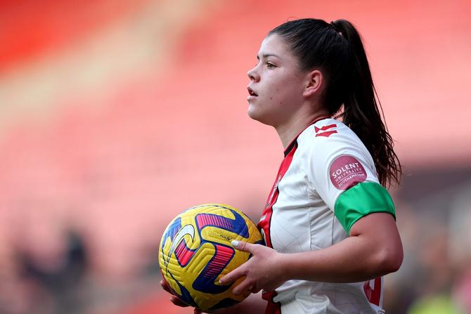 Megan Collett of Southampton wearing a green armband to support Football Green Weekend during the Barclays Women’s Championship match between Southampton Women and Crystal Palace at St Mary's Stadium on February 05, 2023 in Southampton, England.