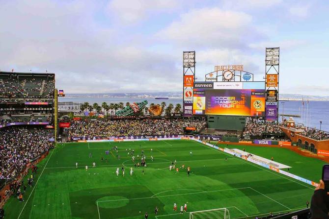 A soccer game at Oracle Park.