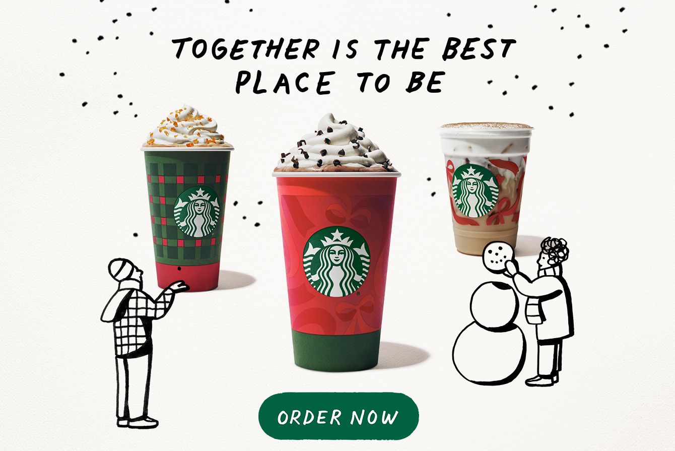 A graphic of with images of Starbucks holiday menu items.