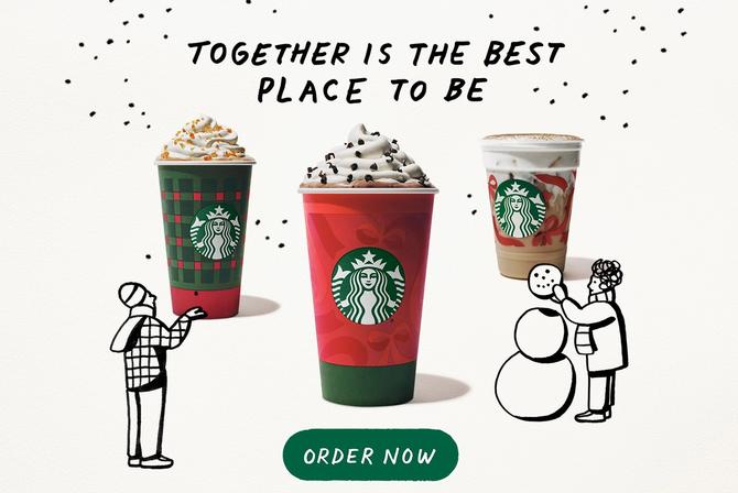 A graphic of with images of Starbucks holiday menu items.