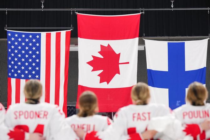 Team Canada hockey players looking up at the US, Canadian, and Finnish flags